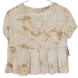 🟢1116 * So Tie Dyed Peplum Ruffle Hem Top Tan Size S NWT